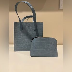 Ted Baker London Blue Faux Croc S/M Tote Bag and Matching Cosmetic Case